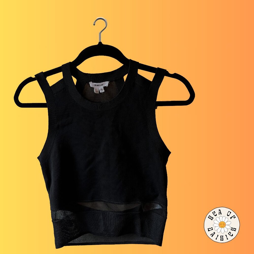 *SOLD* Helmut Lang Black Tank Top with shoulder cut outs and sheer trims & back